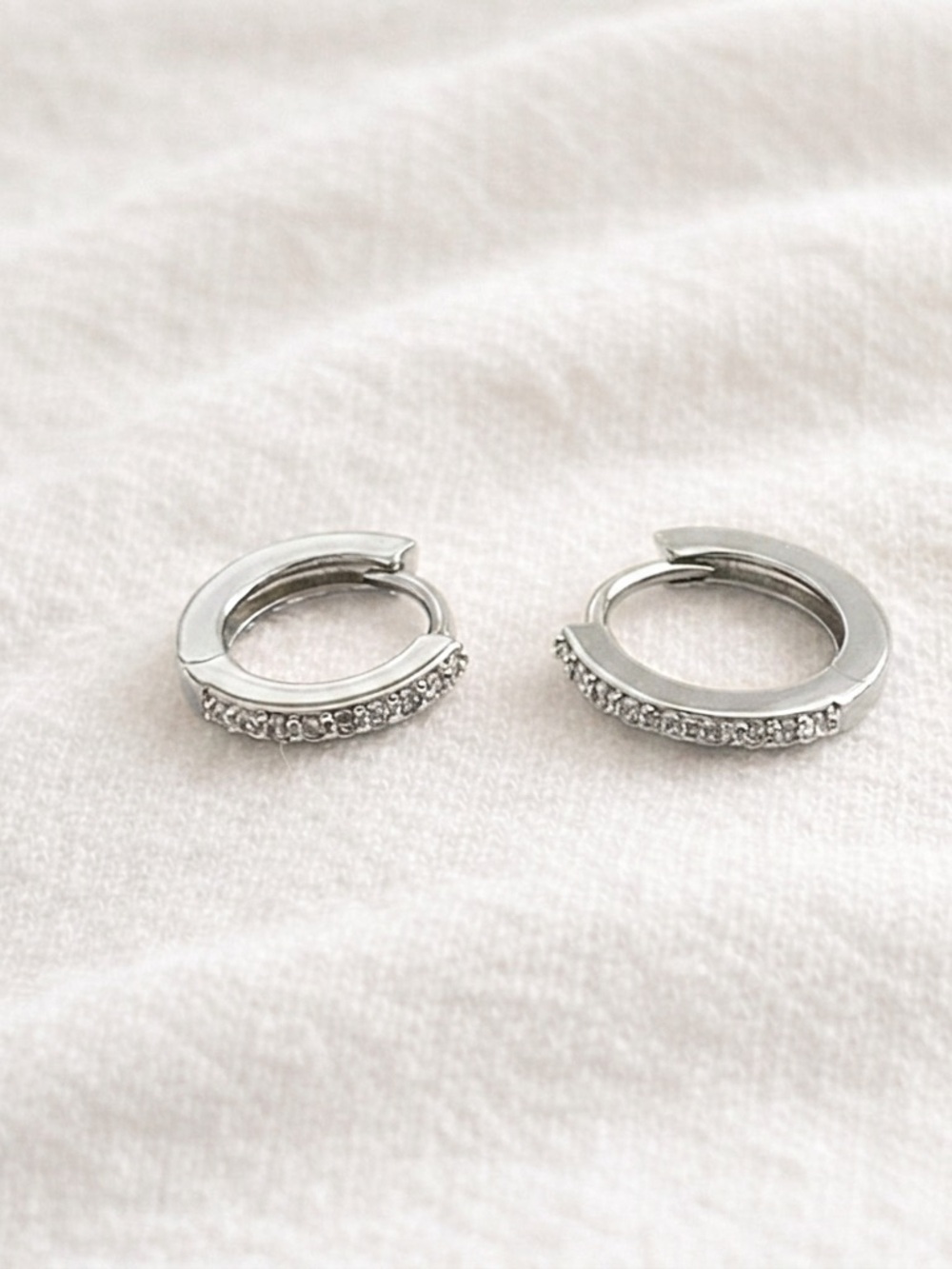 Silver plated stainless steel cubic zirconia Huggies hoop earrings - Picture 3 of 5
